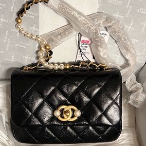 **SOLD** Chanel Black Calfskin Mini Rectangular Bag W/ Pearl Strap Crossbody Bag